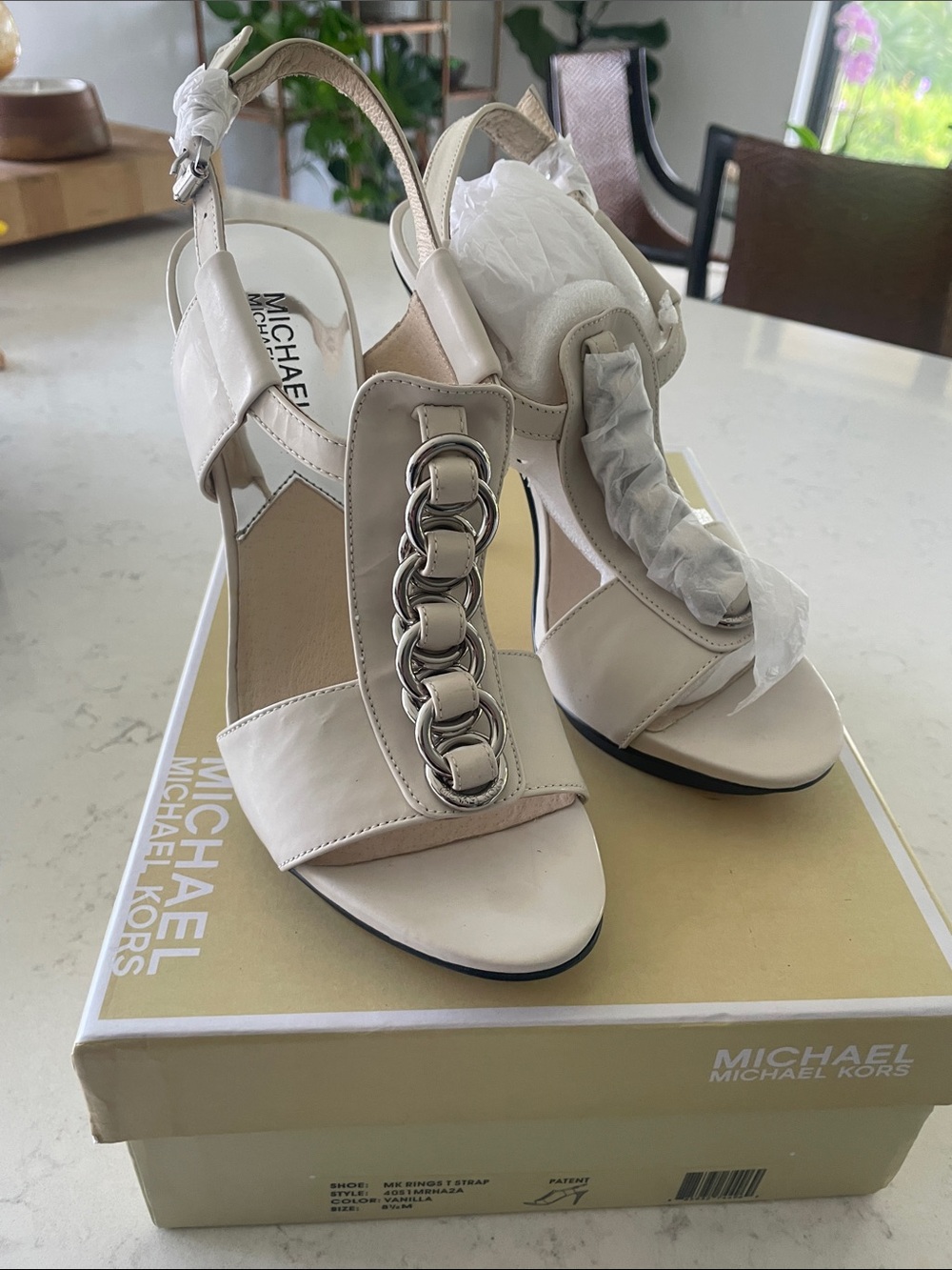 Michael Kors Cream Leather Chain-Detail Slingback Heels